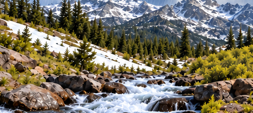 Illustrated mountain snowmelt feeding a stream